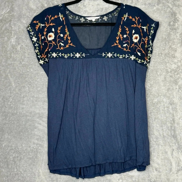 Amaryllis Large Shirt Top Navy Blue Floral Cap Short Sleeve V Neck Semi Sheer - Picture 1 of 7
